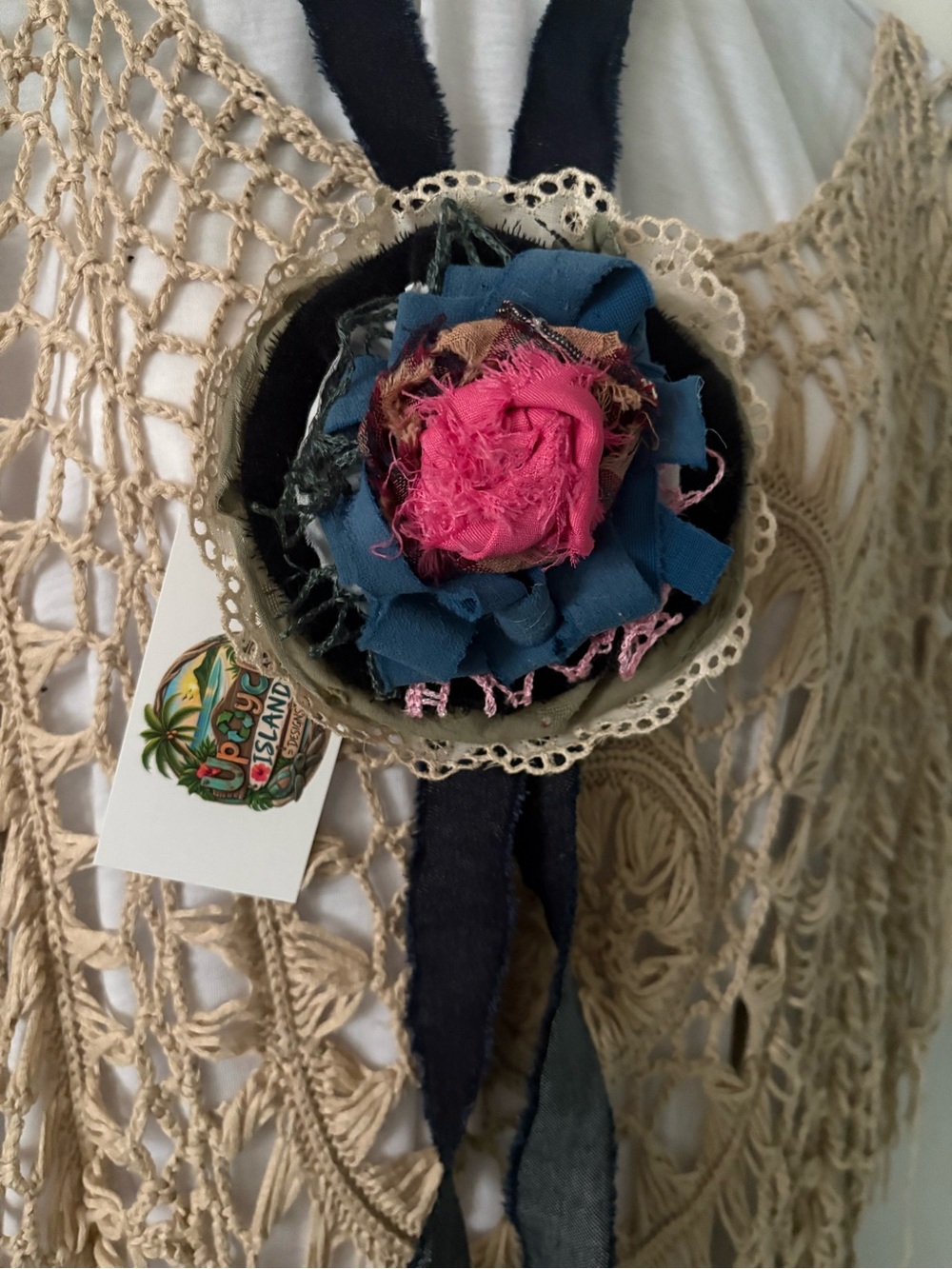 Boho Fabric Flower Jabot Necklace - Pink & Blue Choker brooch